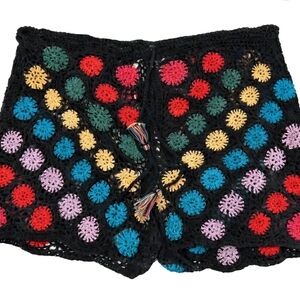 Agua Bendita Black Crochet High-Rise Shorts with Multicolor Pom Circles